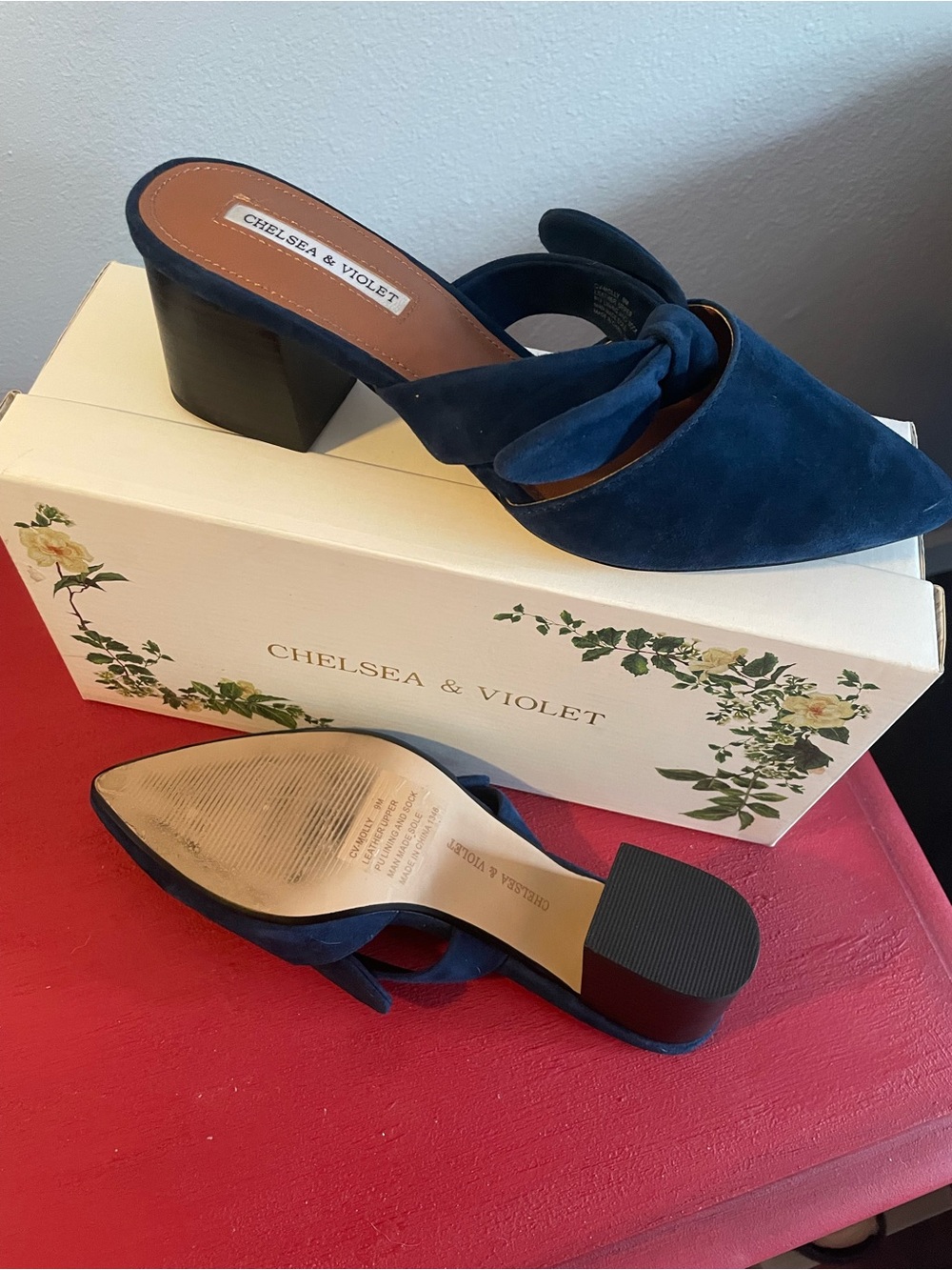 Chelsea and Violet Navy Suede Mules~Worn Once Size 9 - Picture 4 of 5